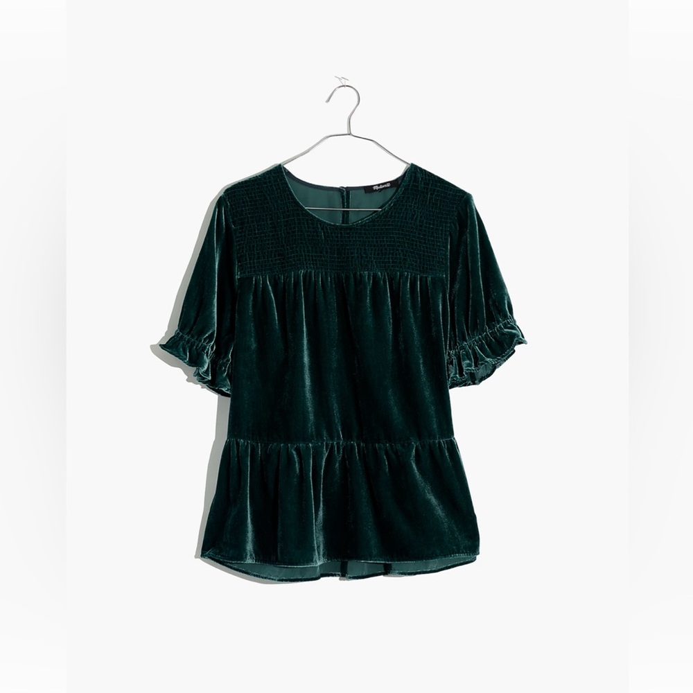 Madewell Velvet Smocked-Yoke Tiered Top - Emerald Green Size S